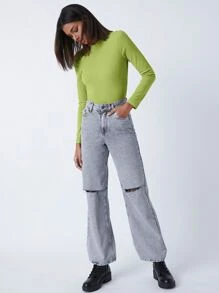 SHEIN BASICS Mock-Neck Open Back Bodysuit - Lime Green - View 4