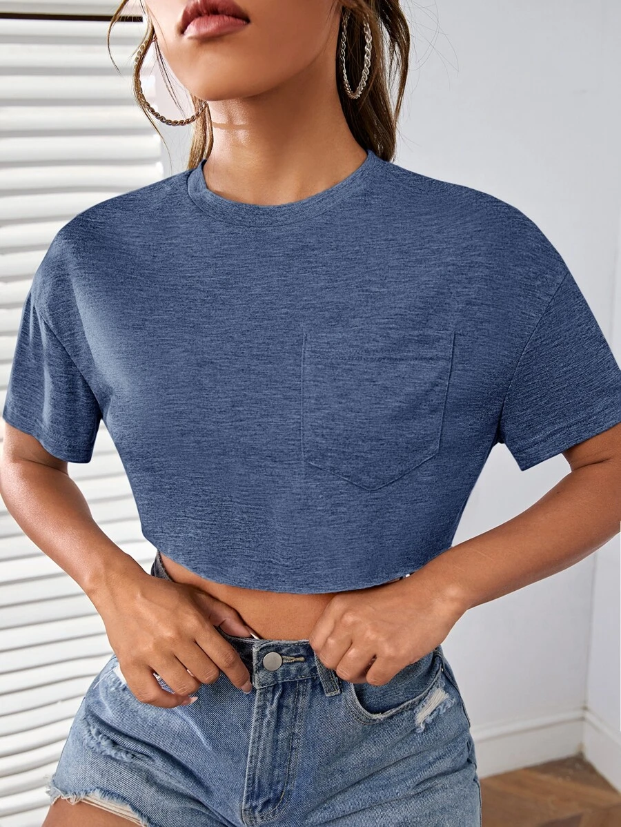 SHEIN EZwear Áo thun nữ Túi màu trơn Giải trí - Màu xanh bụi bặm - Xem 1