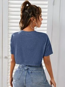 SHEIN EZwear Áo thun nữ Túi màu trơn Giải trí - Màu xanh bụi bặm - Xem 2