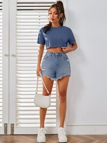 SHEIN EZwear Áo thun nữ Túi màu trơn Giải trí - Màu xanh bụi bặm - Xem 5