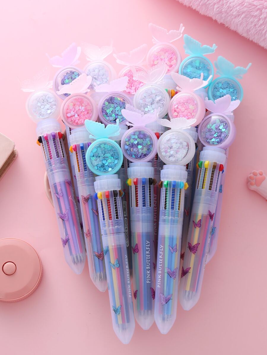4pcs Butterfly & Sequin Decor Ballpoint Pen - Multicolor - View 1