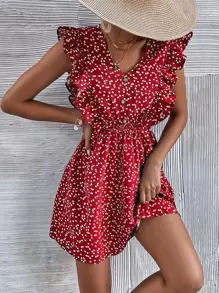 SHEIN Frenchy Confetti Heart Print Ruffle Trim Fake Button Dress - Red - View 1