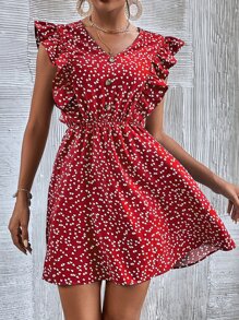 SHEIN Frenchy Confetti Heart Print Ruffle Trim Fake Button Dress - Red - View 3