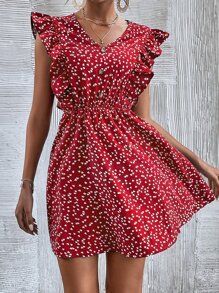 SHEIN Frenchy Confetti Heart Print Ruffle Trim Fake Button Dress - Red - View 4