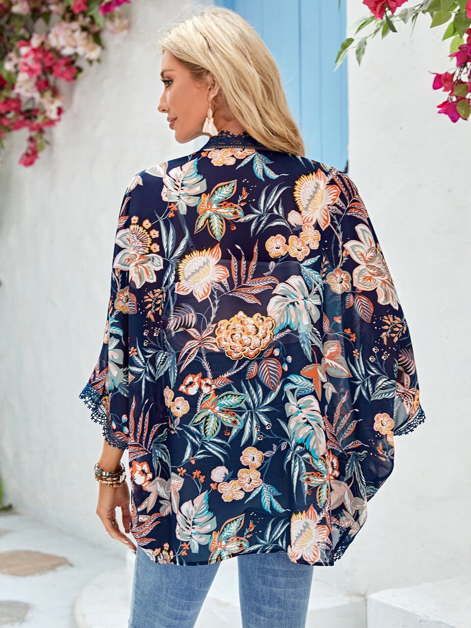 Tropical Print Contrast Lace Batwing Sleeve Kimono Summer
