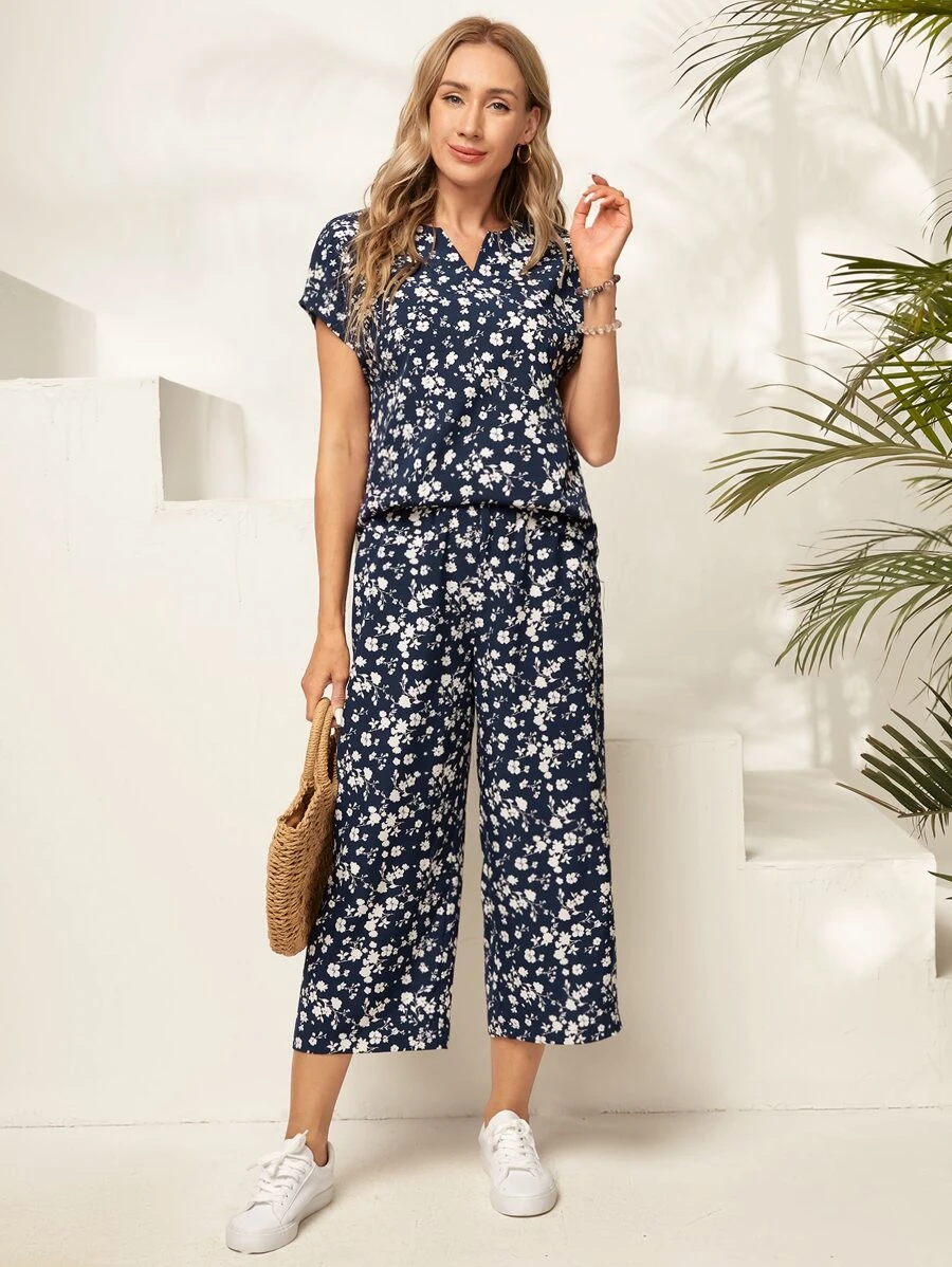 EMERY ROSE 碎花襯衫和闊腿褲 - 藏蓝色 - 查看 1