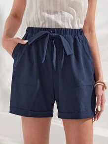 EMERY ROSE 腰部打結卷邊短褲 - 藏蓝色 - 查看 1