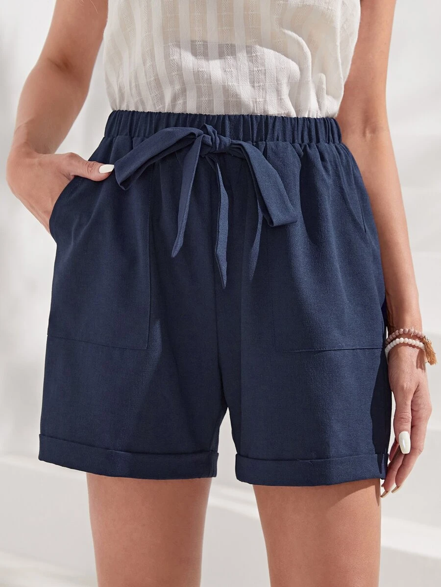 EMERY ROSE 腰部打結卷邊短褲 - 藏蓝色 - 查看 1