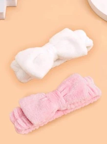 2入組素色沐浴蝴蝶結裝飾滌綸長毛絨面部彩妝髮箍