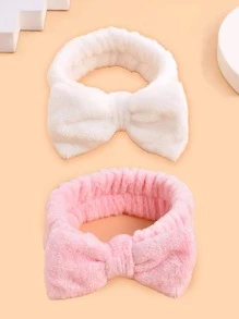2入組素色沐浴蝴蝶結裝飾滌綸長毛絨面部彩妝髮箍