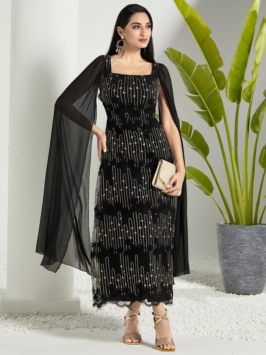 Modelyn 網紗拼接刺繡細節連衣裙 - 黑色 - 查看 1