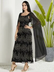 Modelyn 網紗拼接刺繡細節連衣裙 - 黑色 - 查看 4