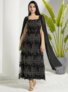 Modelyn 網紗拼接刺繡細節連衣裙 - 黑色 - 查看 5