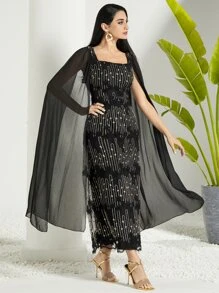 Modelyn 網紗拼接刺繡細節連衣裙 - 黑色 - 查看 6