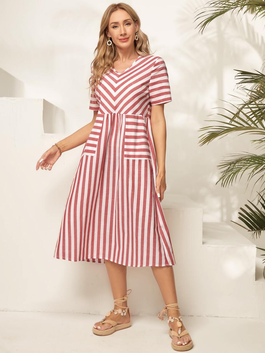 EMERY ROSE 條紋印花口袋貼布洋裝 - 紅白色 - 查看 1