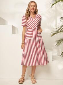 EMERY ROSE 條紋印花口袋貼布洋裝 - 紅白色 - 查看 5