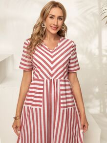 EMERY ROSE 條紋印花口袋貼布洋裝 - 紅白色 - 查看 6