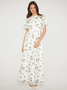 SHEIN Belle 1入組印花蝴蝶袖腰帶伴娘洋裝