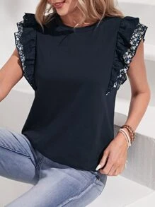 SHEIN LUNE Contrast Lace Ruffle Trim Tee - Black - View 1