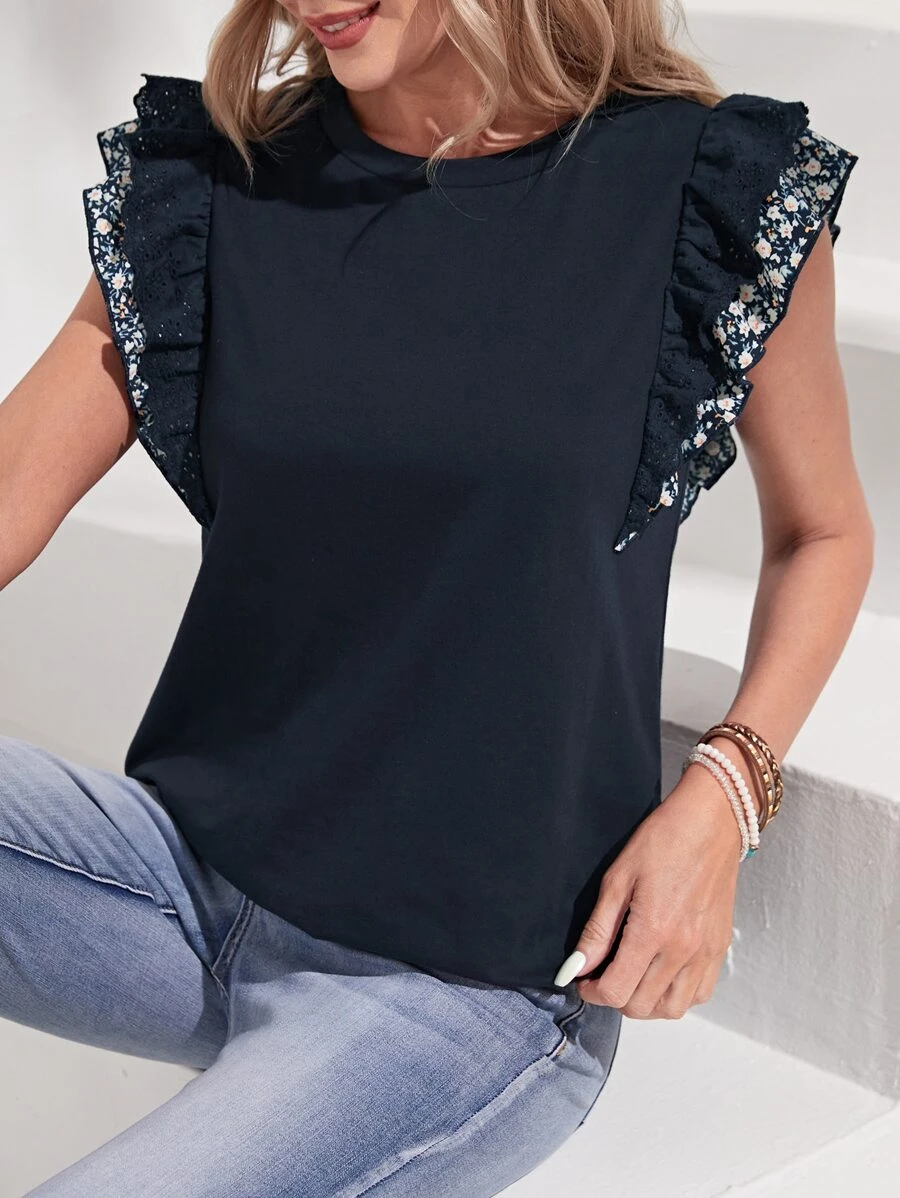 SHEIN LUNE Contrast Lace Ruffle Trim Tee - Black - View 1