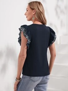 SHEIN LUNE Contrast Lace Ruffle Trim Tee - Black - View 2