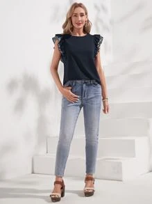 SHEIN LUNE Contrast Lace Ruffle Trim Tee - Black - View 3