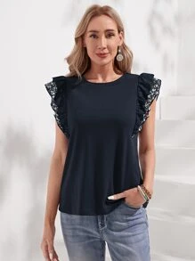 SHEIN LUNE Contrast Lace Ruffle Trim Tee - Black - View 5