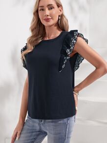 SHEIN LUNE Contrast Lace Ruffle Trim Tee - Black - View 6