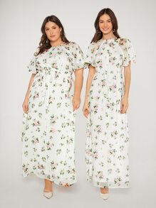 SHEIN Belle 1入組印花蝴蝶袖腰帶伴娘洋裝