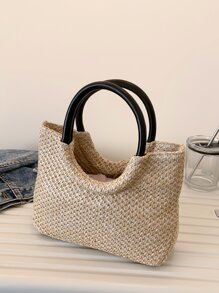 極簡草編包雙把手適用於夏天 - 米色 - 查看 1
