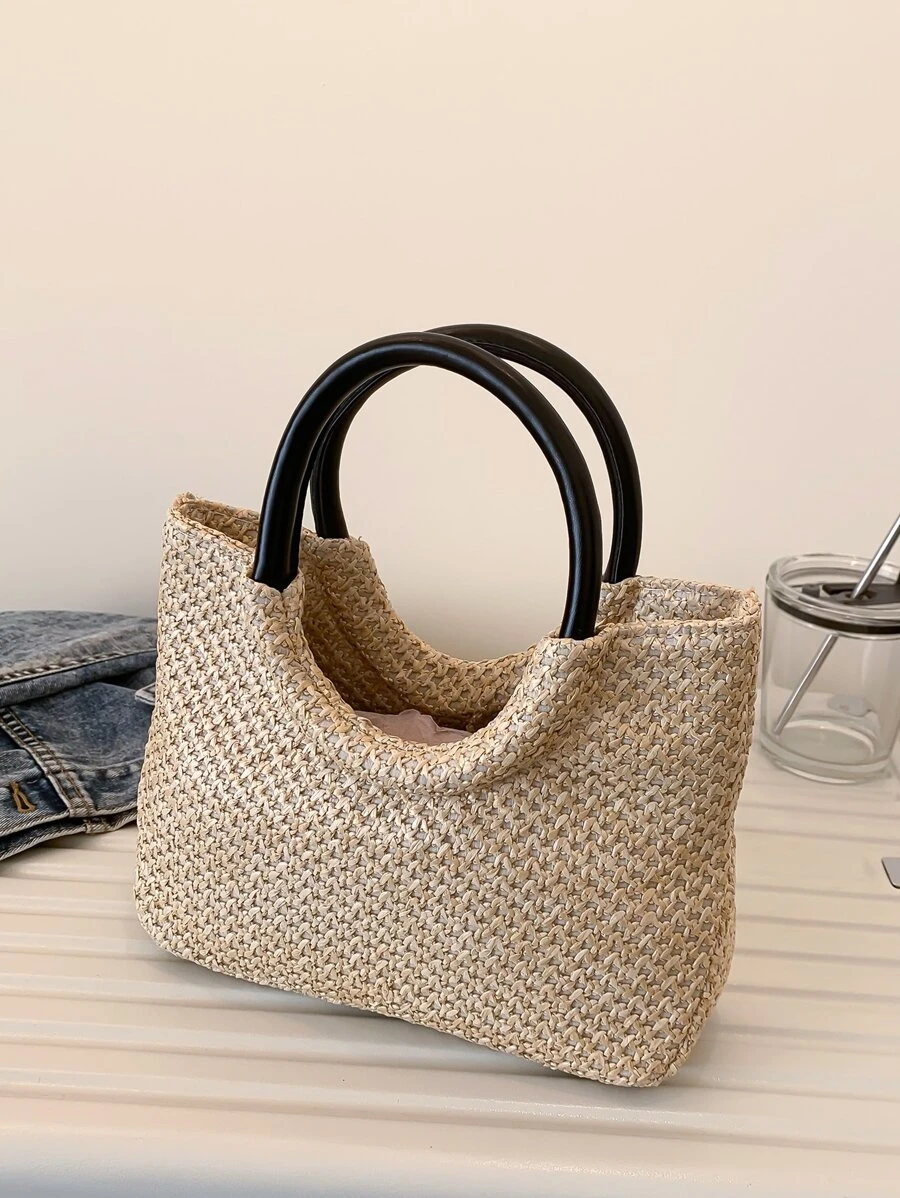 極簡草編包雙把手適用於夏天 - 米色 - 查看 1