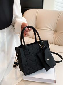 Bolsa cuadrada mini con diseño de puntada con monedero - Negro - Ver 1
