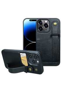 适用于 14/15/16 Pro/Max/Plus 的手机壳，带卡槽、腕带和支架，防水防震防摔防刮花 - 黑色 - 查看 3