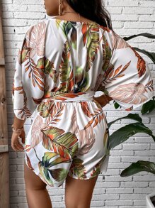 SHEIN Clasi Plus Tropical Print Batwing Sleeve Belted Romper - Multicolor - View 3