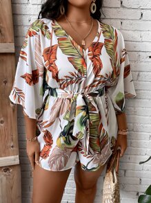 SHEIN Clasi Plus Tropical Print Batwing Sleeve Belted Romper - Multicolor - View 4