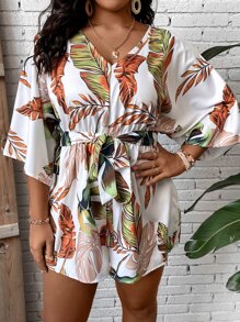 SHEIN Clasi Plus Tropical Print Batwing Sleeve Belted Romper - Multicolor - View 6