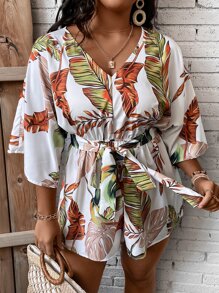 SHEIN Clasi Plus Tropical Print Batwing Sleeve Belted Romper - Multicolor - View 7