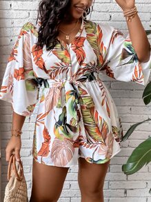 SHEIN Clasi Plus Tropical Print Batwing Sleeve Belted Romper - Multicolor - View 1