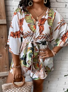 SHEIN Clasi Plus Tropical Print Batwing Sleeve Belted Romper - Multicolor - View 8