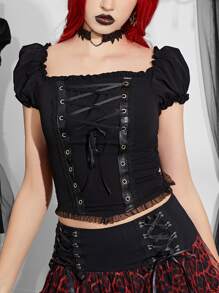 Lace Up Front Frill Trim Puff Sleeve Tee - Black - View 1