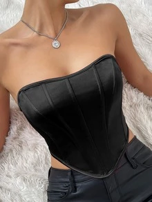 素色手帕下擺抹胸塑身上衣 - 黑色 - 查看 5