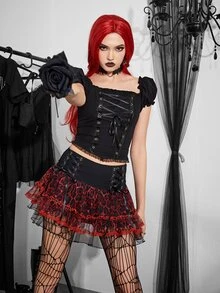 Lace Up Front Frill Trim Puff Sleeve Tee - Black - View 5