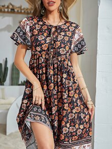 Floral Print Tie Neck Smock Dress - Multicolor - View 3
