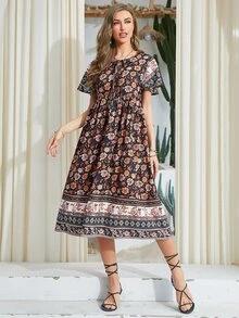 Floral Print Tie Neck Smock Dress - Multicolor - View 5