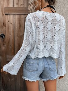 Vacation Casual Solid Color Hollow Out Knit Cover Up - White - View 2