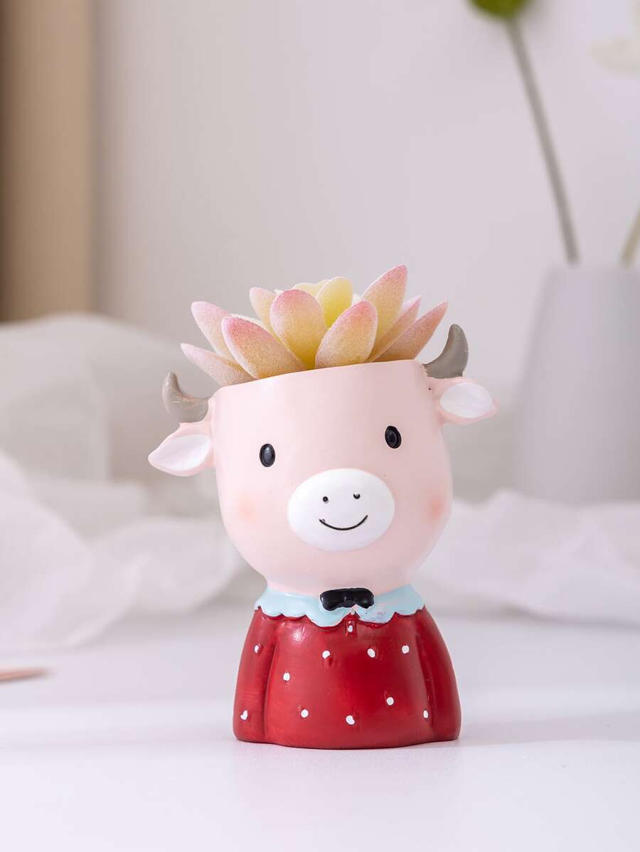 1pc Polyresin Flower Pot, Cute Cartoon Cattle Shaped Planter For Home - Multicolor - View 1