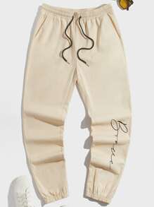 GENTILAND Men Letter Graphic Drawstring Waist Trousers - Beige - View 1