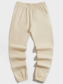 GENTILAND Men Letter Graphic Drawstring Waist Trousers - Beige - View 2