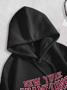 SHEIN EZwear Letter Graphic Kangaroo Pocket Drawstring Thermal Hoodie - Black - View 7