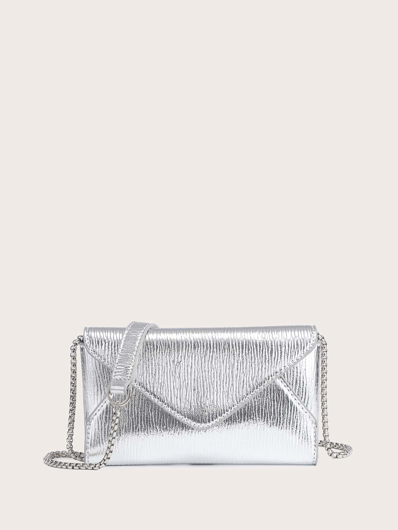 Mini Textured Flap Chain Envelope Bag Envelop Mini Crossbody Bag, PU Leather Solid Color Shoulder Bag, Perfect Sling Bag For Daily Use - Bạc - Xem 1
